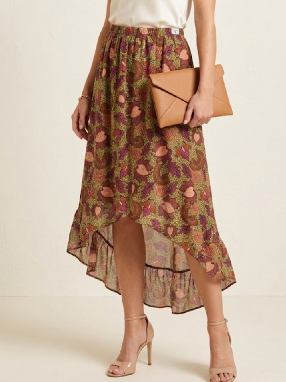 Status By Chenault Sheer Floral Chiffon Ruffle High Low Skirt Large EUC BOHO